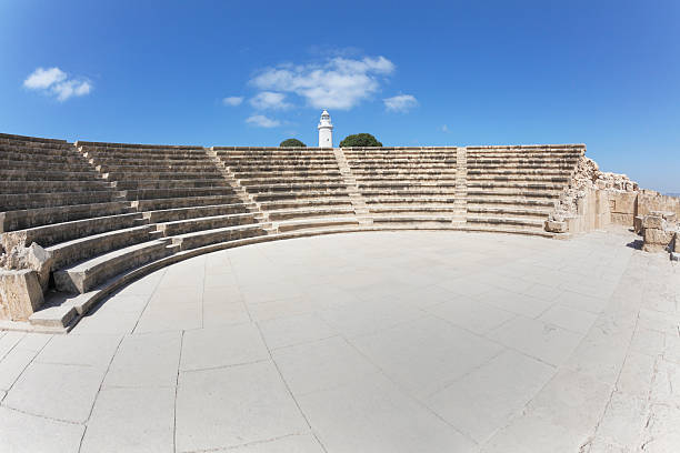 Paphos white lighthouse behind amphitheater against blue sky Cyprus wide angle fish eye view