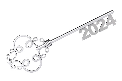 Silver Vintage Key with 2024 year Sign on a white background. 3d Rendering