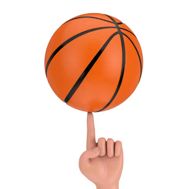 Photo of Basketball Ball Spinning on a Cartoon Hand Finger. 3d Rendering