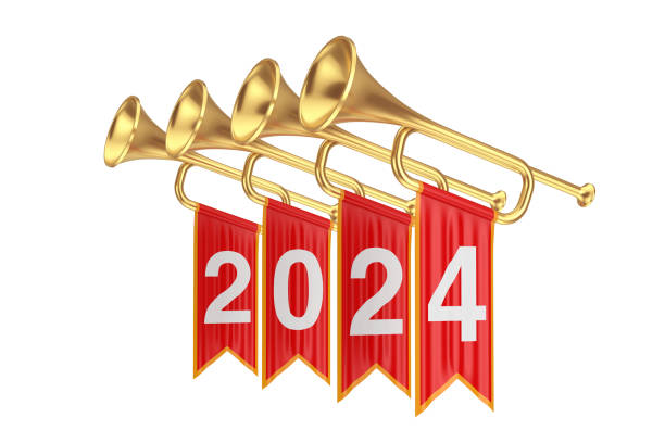 Golden Fanfare Trumpets with 2024 New Year Red Flags. 3d Rendering stock photo