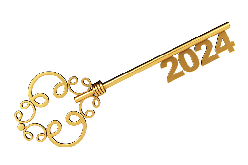 Golden Vintage Key with 2024 year Sign on a white background. 3d Rendering