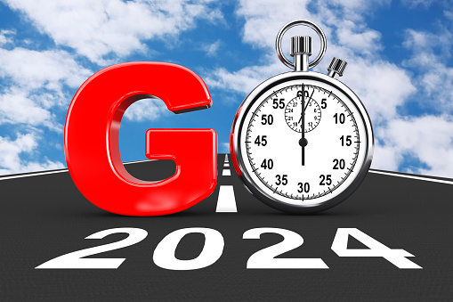 New 2024 Year Concept. Stopwatch as Go Sign over 2024 New Year Road on a blue sky background. 3d Rendering