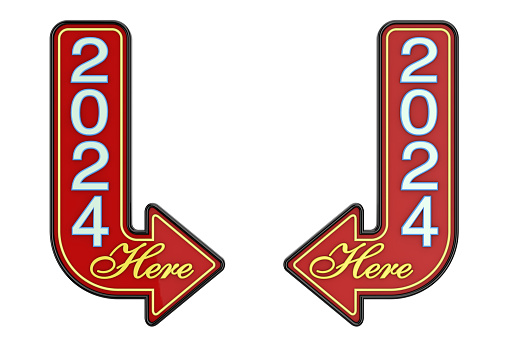 Vintage Rusty Metal 2024 New Year Here Arrow Sign on a white background. 3d Rendering