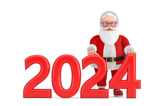 Cartoon Cheerful Santa Claus Granpa with Red 2024 New Year Sign on a white background. 3d Rendering