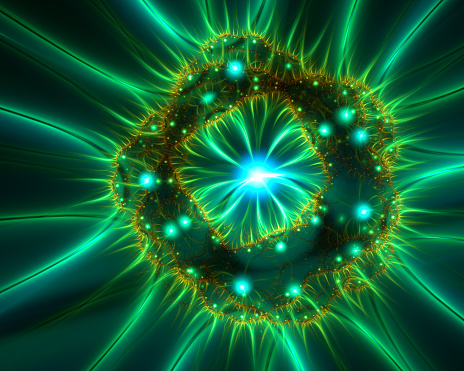 Abstract fractal art background, which perhaps suggests a bioluminescent jellyfish, or a virus or other microorganism.