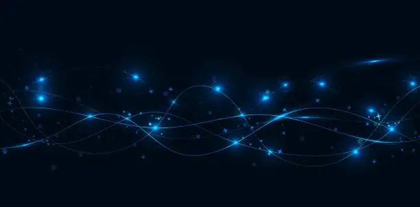 Vector illustration of Abstract blue shiny light lines and waves. Light effect of movement with snowflakes and stars. Light everyday glow effect. Vector illustration.