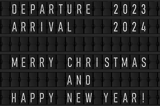 Airport Announcement Flip Mechanical Timetable with Hapy Merry Christmas and Happy New 2024 Year Sign extreme closeup. 3d Rendering