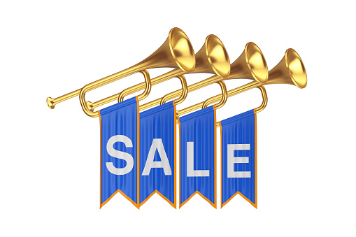 Golden Fanfare Trumpets with Sale Sign Blue Flags on a white background. 3d Rendering