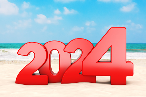 Happy 2024 New Year Concept. 2024 New Year Sign at Sunny Beach extreme closeup. 3d Rendering