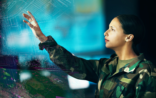 Map, location and a military woman using a dashboard for security, strategy or surveillance in a control room. Army, digital and double exposure with a young soldier looking at a 3D or AI hologram