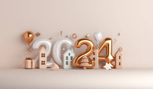 istock Happy new year 2024 decoration background with balloon, firework rocket, gift box, house, copy space text, 3D rendering illustration 1705804183