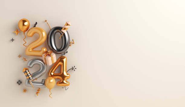 frohes neues jahr 2024 dekorationshintergrund mit ballon, feuerwerksrakete, geschenkbox, kopierraumtext, 3d-rendering-illustration - neujahr stock-fotos und bilder