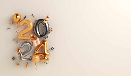 Happy new year 2024 decoration background with balloon, firework rocket, gift box, copy space text, 3D rendering illustration
