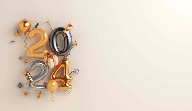 happy new year 2024 decoration background with balloon, firework rocket, gift box, copy space text, 3d rendering illustration - new year stok fotoğraflar ve resimler
