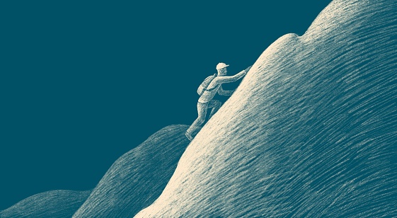 Conceptual artwork. concept art of success and adventure. a man and the mountain. drawing illustration.