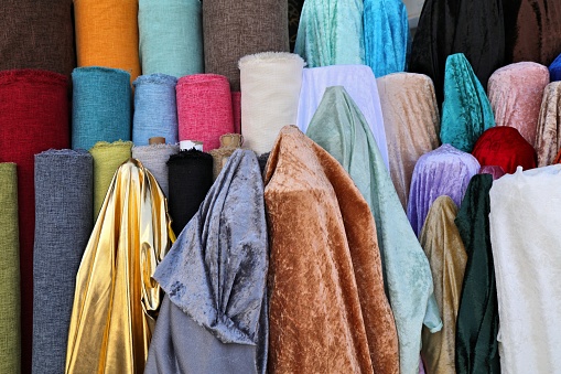 Houmt Souk, Djerba, Medenine, Tunisia. Woven cloth for sale at the Houmt Souk.