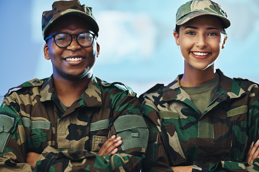 Teamwork, security and arms crossed with portrait of soldier for military service, veteran and mission planning. Intelligence, strategy, surveillance and warrior with people in control room for hero