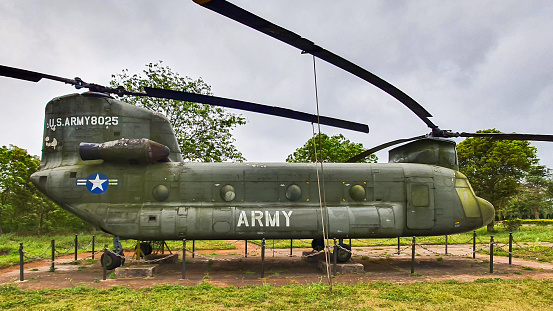 Quang Tri, Vietnam - March 21, 2021 : Boeing CH-47 Chinook Helicopter In Ta Con Airport Relics. Ta Con Airport Is Now A Famous Historical Relic In Quang Tri Attracting Tourists To Visit And Explore.