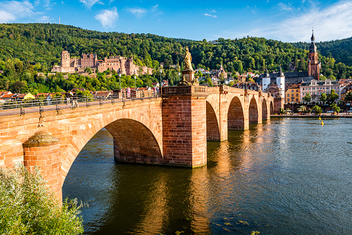 Heidelberg, Germany - August 25, 2023: old stone bridge over Neckar River in Heidelberg in Germany.