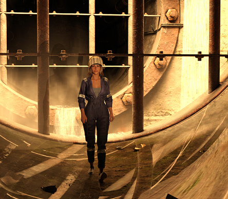 Lady worker walking along a dark tunnel. 3D rendering.