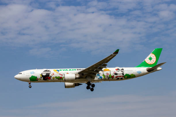 samolot airbus a330-302 eva air (reg b-16331) z malowaniem bad badtz-maru lądujący na międzynarodowym lotnisku tan son nhat, wietnam. - 16331 zdjęcia i obrazy z banku zdjęć