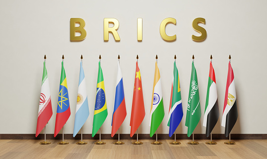 flags of BRICS is a grouping of Brazil, Russia, India, China, and South Africa - A total of six countries will join the BRICS on 2024 Argentina , Egypt,Ethiopia, Iran,Saudi Arabia ,United Arab Emirates