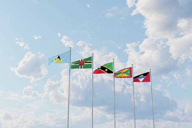 Flags of Caribbean countries Saint Kitts and Nevis, Dominica, Saint Lucia, Grenada, Antigua and Barbuda Flags of Caribbean countries Saint Kitts and Nevis, Dominica, Saint Lucia, Grenada, Antigua and Barbuda caribbean community and common market stock pictures, royalty-free photos & images