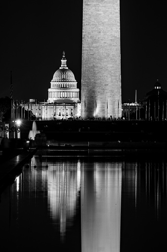 Night photo of the Washington Monument and the Capitol Building with water reflection