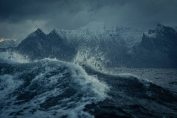 View on a rough sea, with waves of the open ocean from a boat. Dramatic landscapes of the Atlantic Ocean.