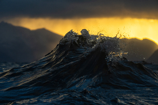 View on a rough sea, with waves of the open ocean from a boat. Dramatic landscapes of the Atlantic Ocean.