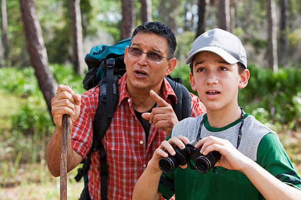 istock Father and son in woods with binoculars 170592260