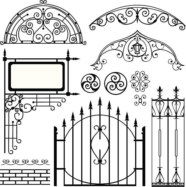 Set of black forged metal gates and other elements set of forged metal elements. gate stock illustrations