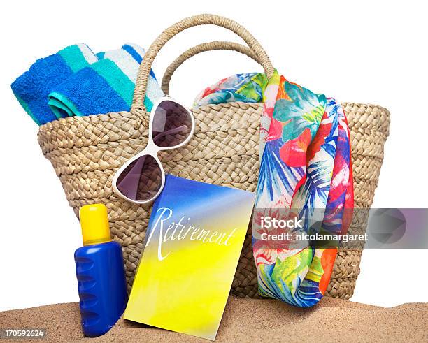 Retirement Concept On White Stock Photo - Download Image Now - Beach Bag, Cut Out, Beach Towel