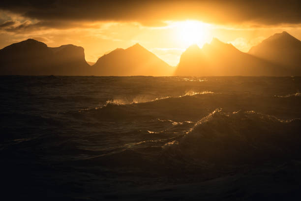 View on a rough sea, with waves of the open ocean from a boat. Dramatic landscapes of the Atlantic Ocean.