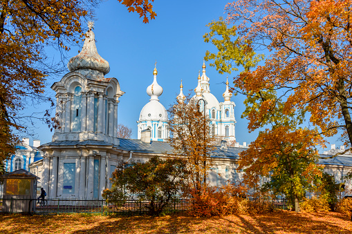 Parterre garden of Smolny Institute and Smolny monastery in autumn, Saint Petersburg, Russia