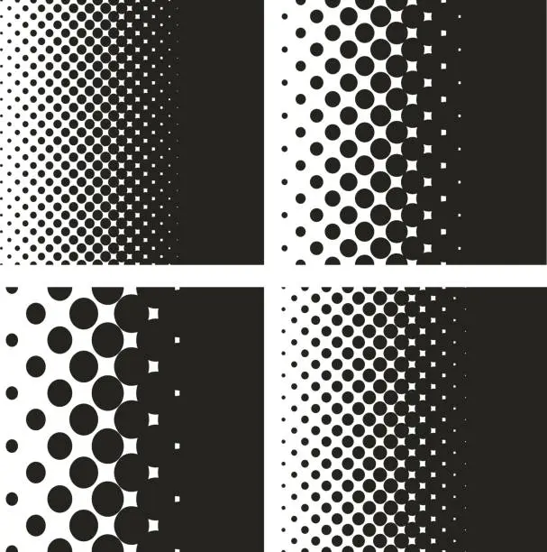 Vector illustration of Halftone dots pattern gradient set in vector format. 45 degree angled halftone dots.