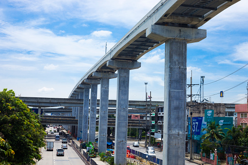 Ramintra Road with new BTS lightrail line and elevated roads in Bangkok Ramintra. View from pedestrian footbridge. Capture into direction to the east. Street is a northern transversal main road from east to west.