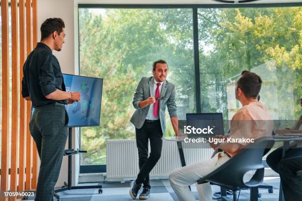 Business Presentation At The Meeting Room Stock Photo - Download Image Now - Real Estate Office, 25-29 Years, 35-39 Years