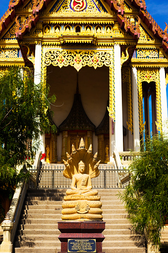 Buddha statue with Nakhin in front of smaller thai temple of  Wat วัดศิริพงษ์ธรรมนิมิต in Bangkok Ramintra. Seated in 69 หมู่ 6 ซอย วัชรพล ถนน รามอินทรา แขวงท่าแร้ง เขตบางเขน กรุงเทพมหานคร 10220