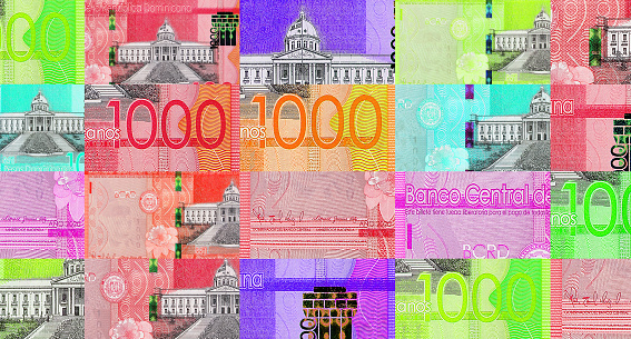 Donimican Peso 1000 DOP banknotes abstract color loop pattern. Donimican bank note concept of currency, finance and economy. Design background 3D illustration.