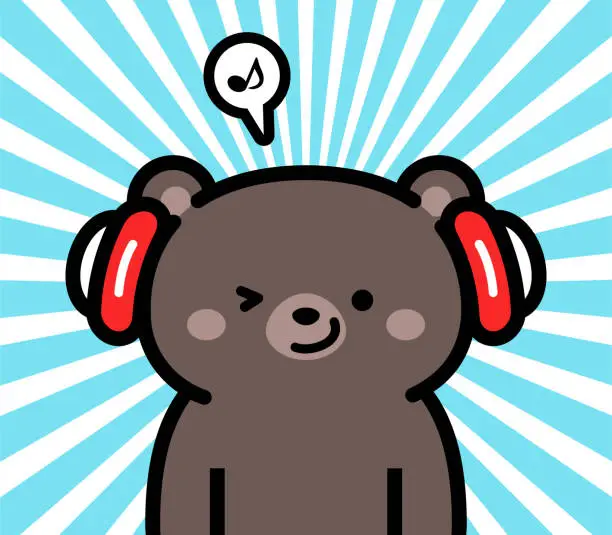 Vector illustration of Cute character design of a little baby black bear wearing headphones