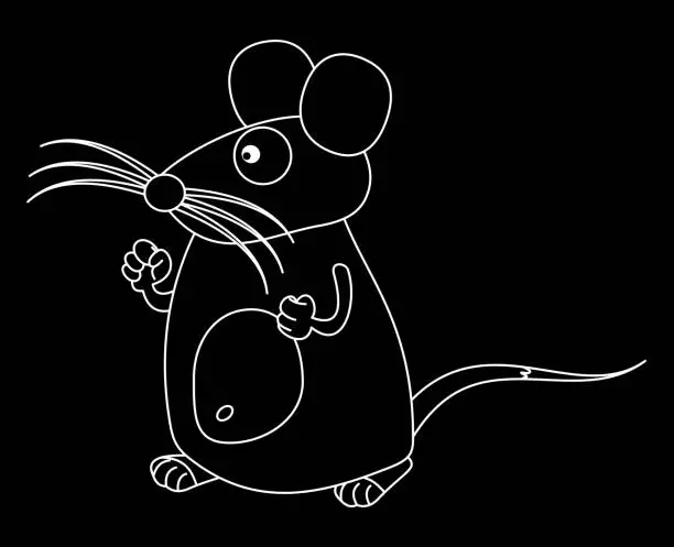 Vector illustration of Mouse with large moustache in black and white line on black background - vector