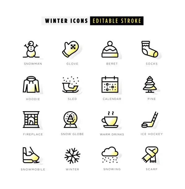 Vector illustration of Winter icons with yellow inner glow