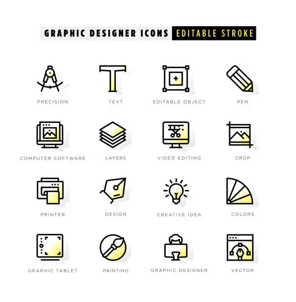 Vector illustration of Graphic designer icons with yellow inner glow