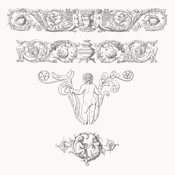 Frisos y viñetas con motivos grotescos, grabados en madera, publicado en 1878 - ilustración de arte vectorial