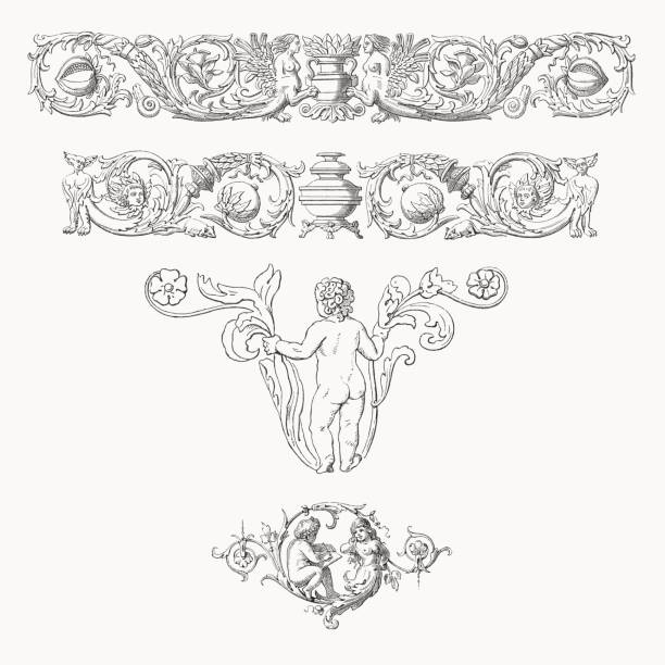 Frises et vignettes aux motifs grotesques, gravures sur bois, publiées en 1878 - Illustration vectorielle