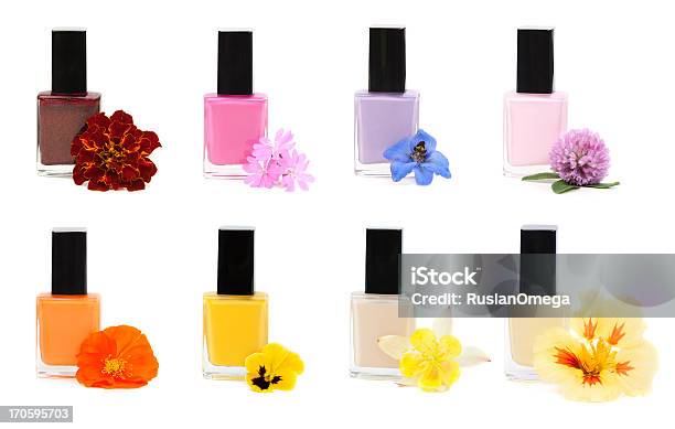 Collage Nail Polish With Flower Stock Photo - Download Image Now - Beauty, Beauty Product, Blue