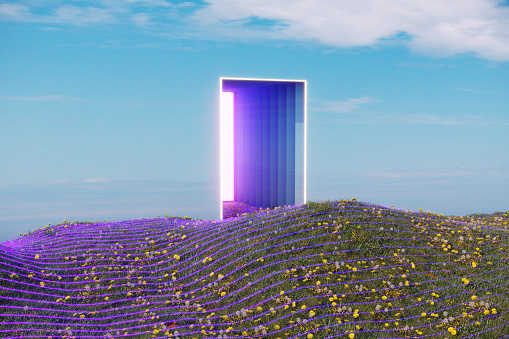 Open glowing portal from the sky to the metaverse nature. (3d render)