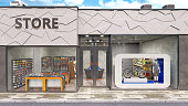 Modern store facade with large showcase and goods inside, 3d illustration