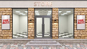 Front view on a store facade, empty inside, real estate for rent, 3d illustration